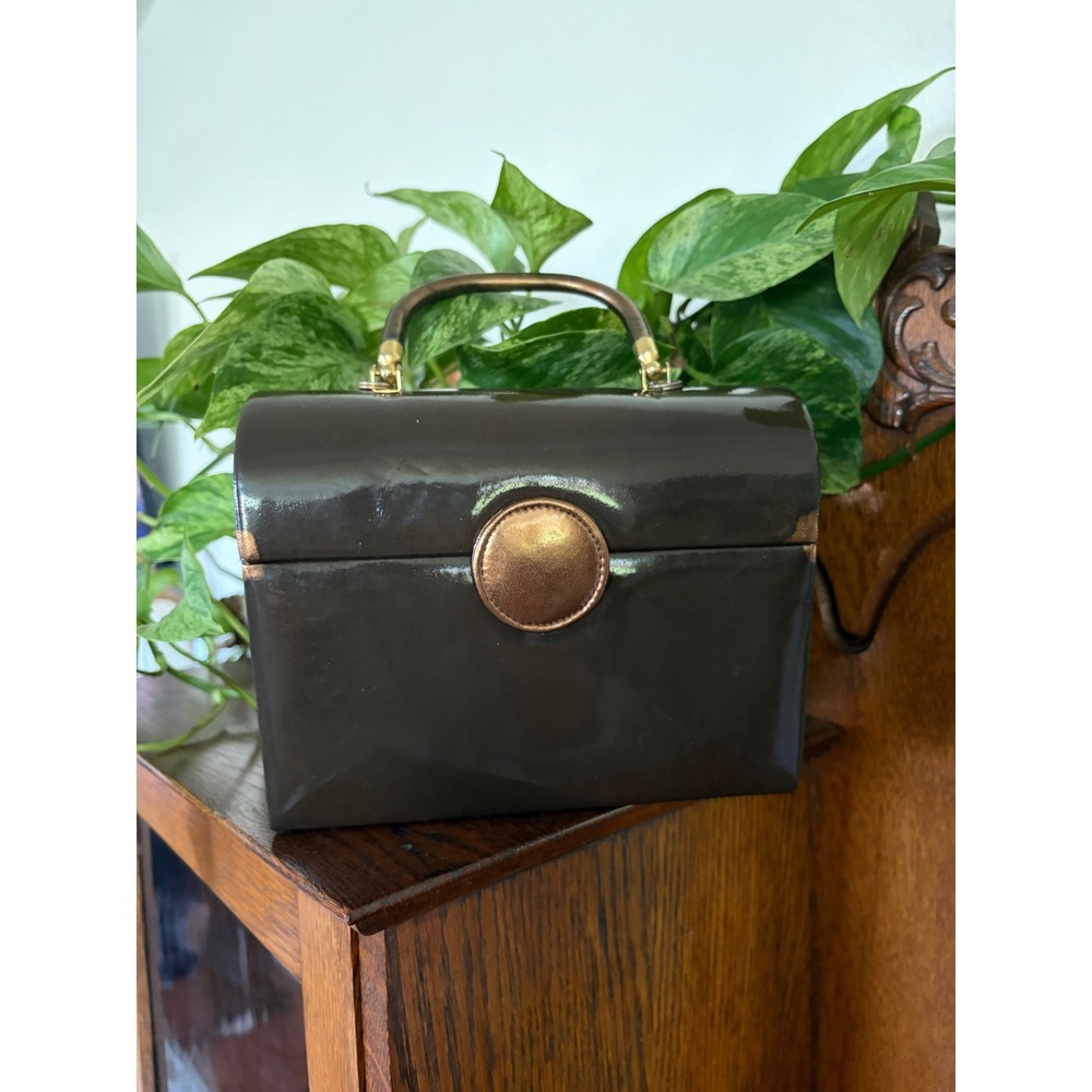 Vintage La Regale Ltd Brown Patent Box Bag Top Handle Evening Purse Copper Trim